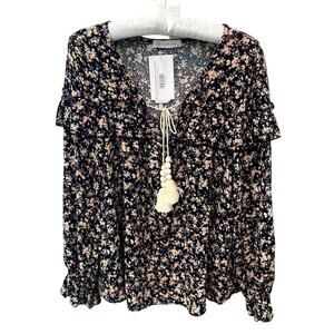 CY FASHION Black Calico Floral Peasant Blouse Ruffle Trim Boho Cottagecore Small